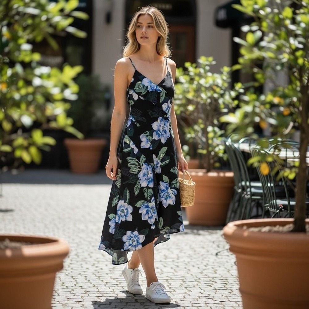 Banana Republic Floral Asymmetrical Hem Midi Dress 2 Tropical Beach Vacation